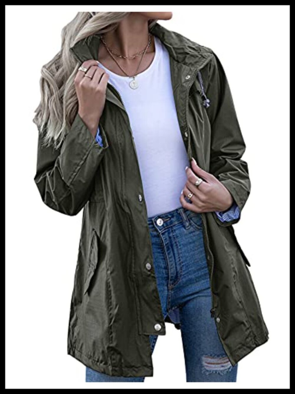 Women's Lightweight Waterproof Raincoat Hooded Windbreaker Jacket with Striped